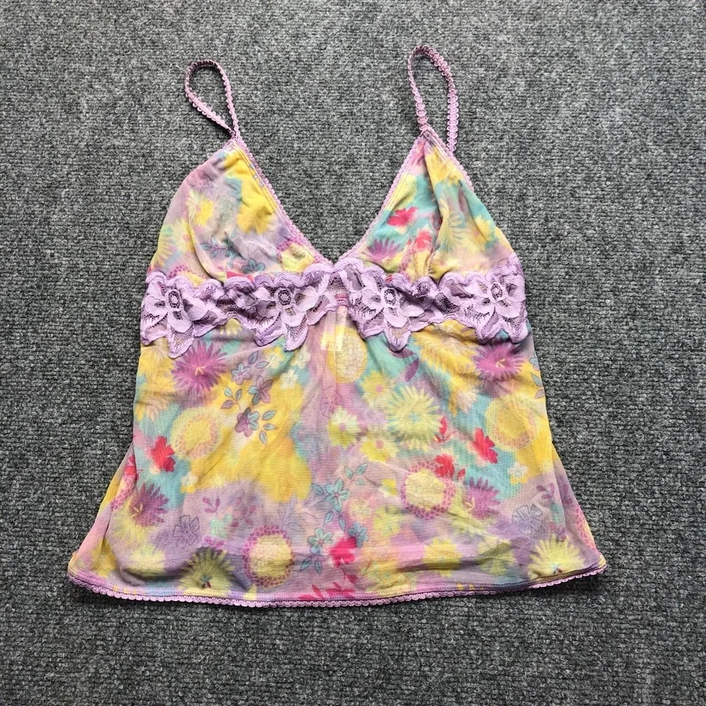 Delicates Floral Mesh Camisole Top Purple Lace Trim Sheer Y2K Large